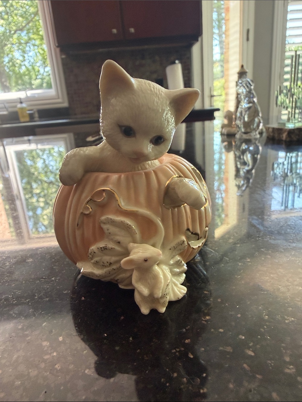 Lenox Porcelain Cat in Pink Pumpkin Vase